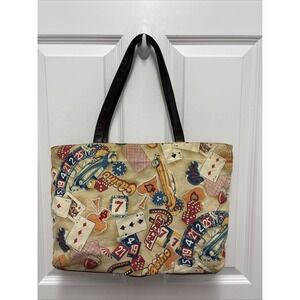Vintage Casino Gambling Print Tote Bag Sequins Beads Playing Cards‎ Dice Vegas